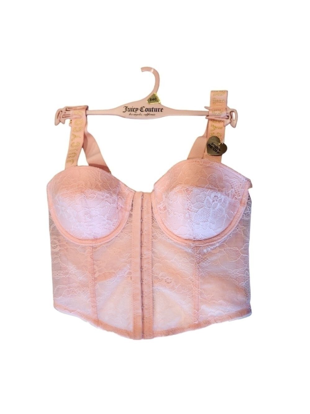 Juicy Couture Pink Lace Bustier, Gold Studded Logo Straps, 34C, New With Tags - Picture 3 of 10